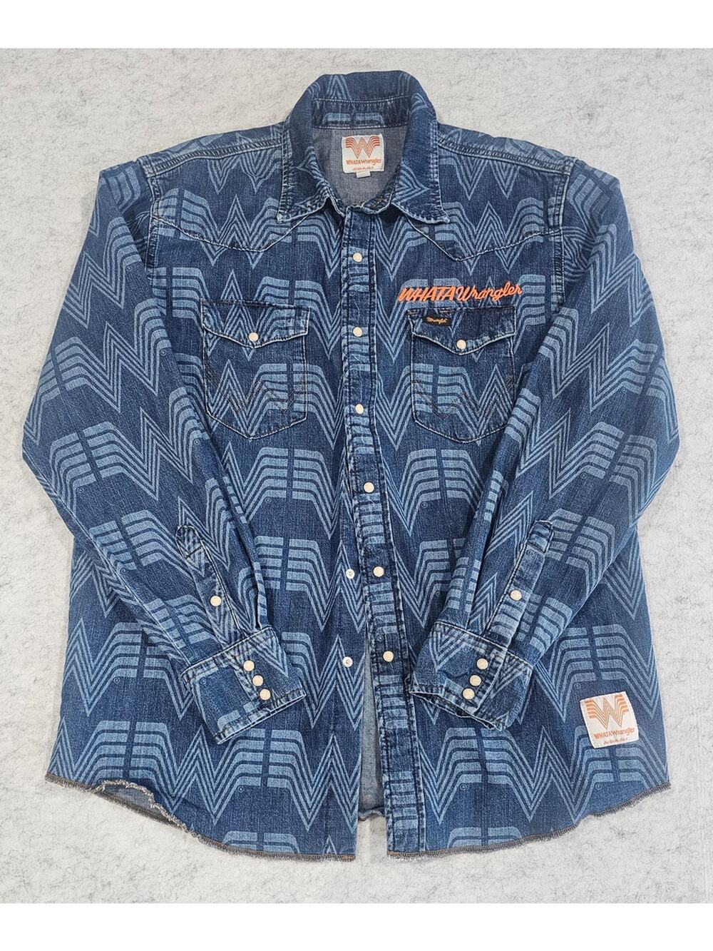 Wrangler WHATAWrangler  Pearl Snap Button Shirt, Denim, Jean, Collab, Mens Sz L